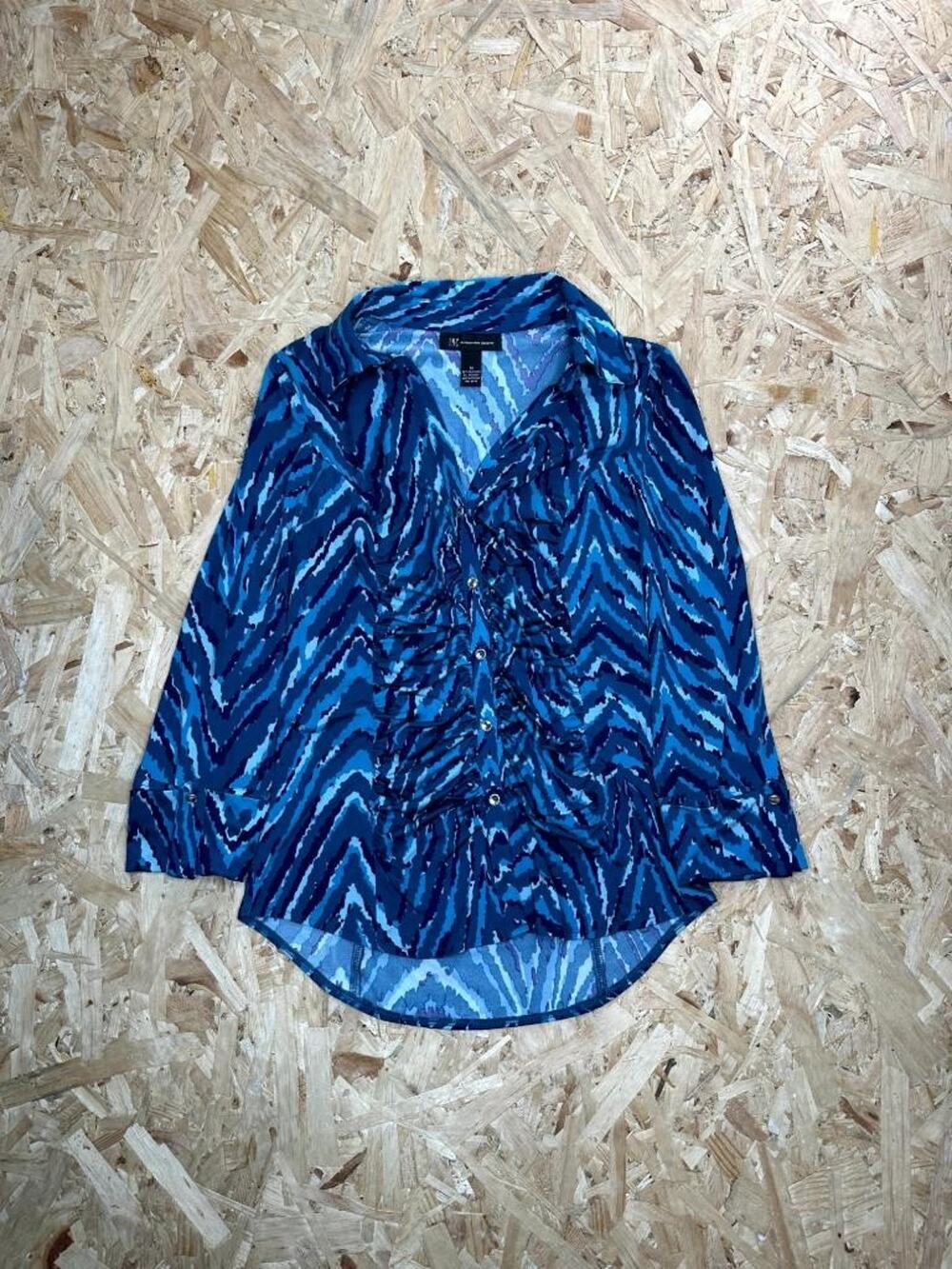 INC International Concepts Women Medium Blue Abstract Chevron Ruched Blouse Top